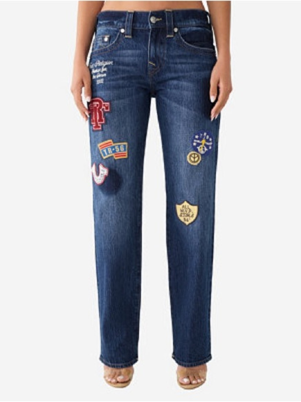 True Religion sz 28 Ricki Relaxed Straight Leg Jeans Patchwork Blue Denim